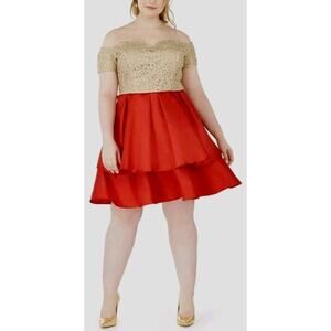 B. Darlin ~Woman Plus Size 16W~ Gold Red Embroidered Prom Cocktail Formal Dress.